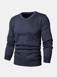 Basic Solid Color V-Neck Knitted Sweater Other Image