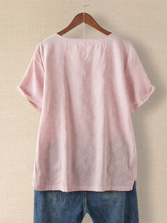 Striped Embroidery O-neck Button T-shirt Other Image