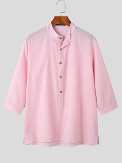 INCERUN Mens 100% Cotton Stripe 3/4 Short Sleeve Henley Shirt Best ...
