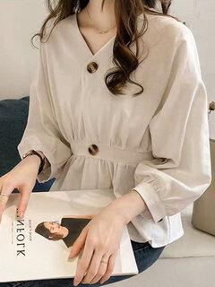 Solid Button Long Sleeve Blouse Other Image