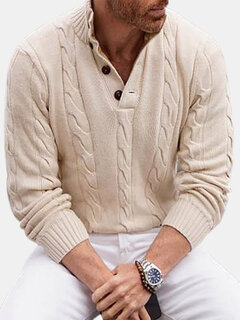 Solid Color Stand Collar Cable Knit Sweater Other Image
