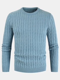 Solid Crew Neck Twist Knitted Sweater Other Image