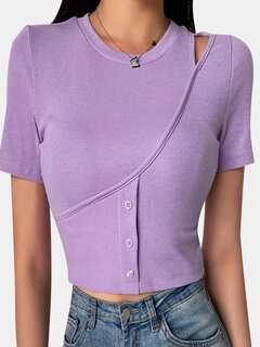 Hollow Solid Color Button Short Sleeve T-shirt For Women Other Image
