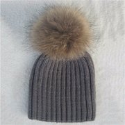 Children Warm Winter Wool Knit Beanie Raccoon Fur Pom Bobble Hat Crochet Ski Cap Other Image