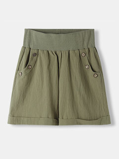 Solid Color Pleated Button Pocket Shorts Other Image