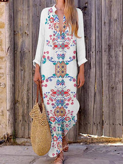 Bohemian Print V Neck Long Sleeve Maxi Summer Dress