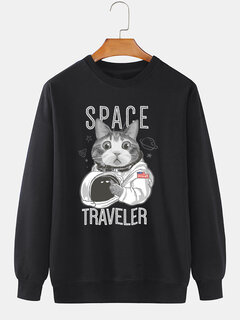 Sweat-shirt en coton à col rond imprimé graphique Space Cat pour homme