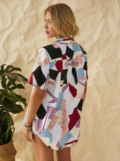 Geometric Patchwork Printed Lapel Shirt Other Image