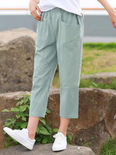 Solid Color Elastic Waist Pants Other Image