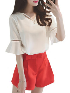 Chiffon Hollow V-neck Bell Sleeve T-shirts Other Image