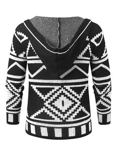 Geometric Pattern Knitted Hooded Cardigans Other Image