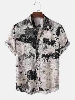 Vintage Shirt Brown  White Short Sleeve With Floral Patterns And Chest Pocket Summer  Festival Collared