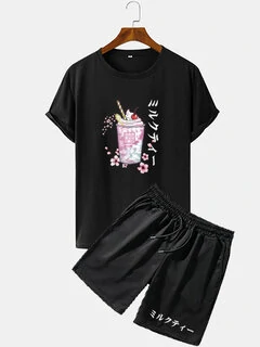 Mens Cherry Blossoms Drinks Japanese Print Crew Neck Two Pieces Outfits
