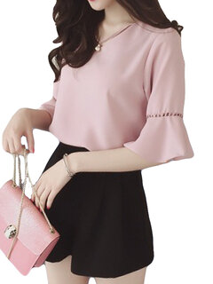 Chiffon Hollow V-neck Bell Sleeve T-shirts Other Image