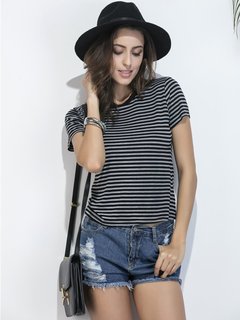 Casual Stripe Short Sleeve O-neck T-shirt For Women Other Image