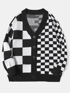 Checkered Button Front Preppy Cardigans Other Image