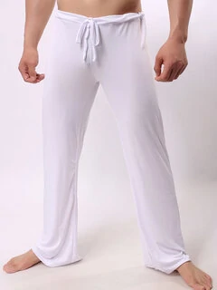 Men Lounge Pants Nightwear Ice Silk Trouser Drawstring Sleepwear Pajamas Bottoms